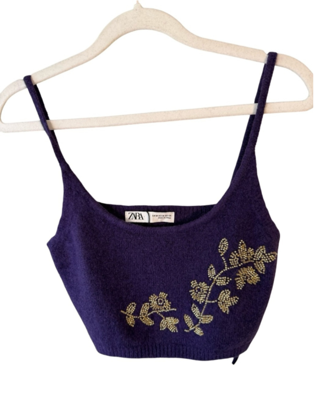 ZARA Deep Purple Embellished Spaghetti-Strap Crop Top Size M Coquette Y2K Glam